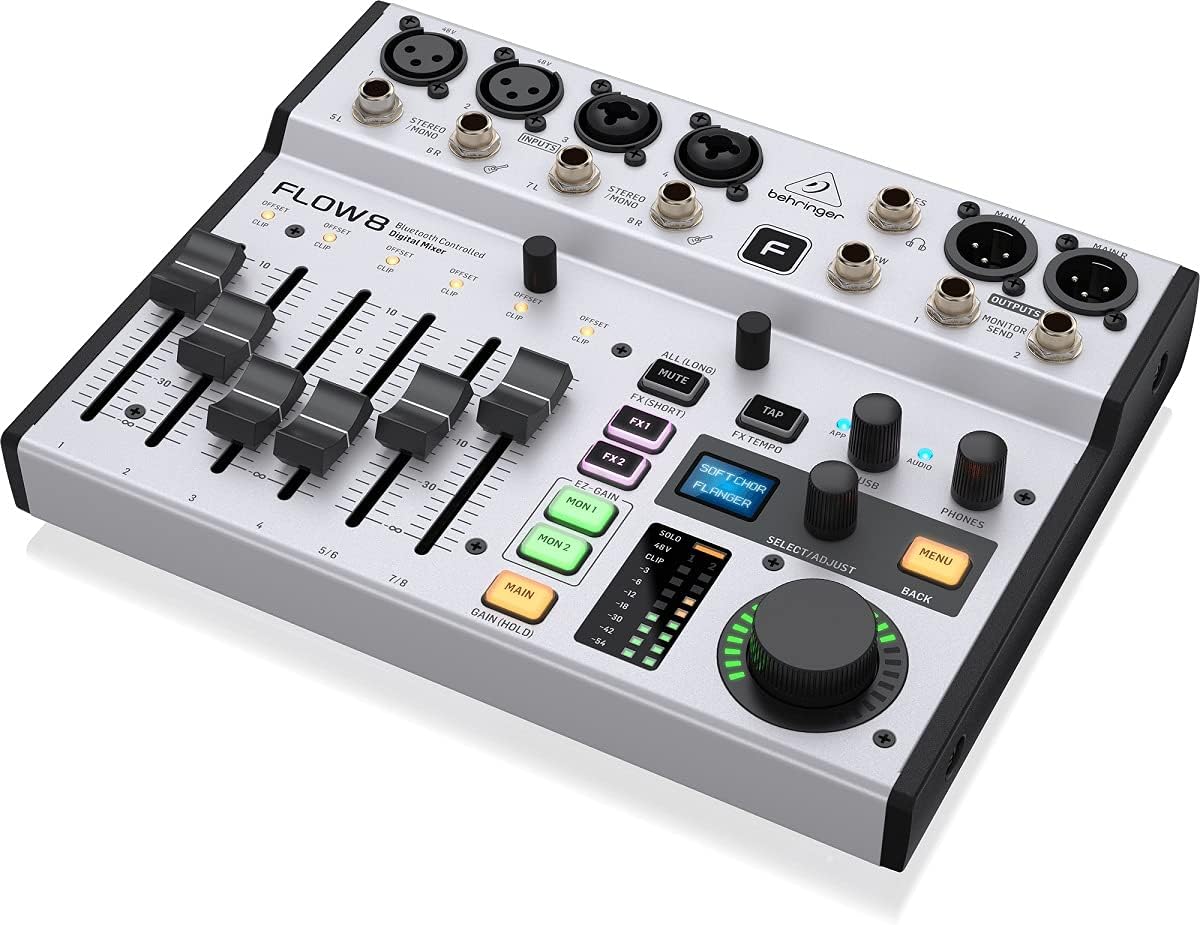 Behringer FLOW 8 Kenya angled top-rear view showing XLR inputs, faders, FX buttons and output section