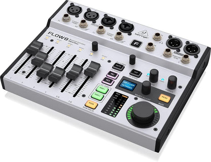Behringer FLOW 8 Kenya angled top-rear view showing XLR inputs, faders, FX buttons and output section