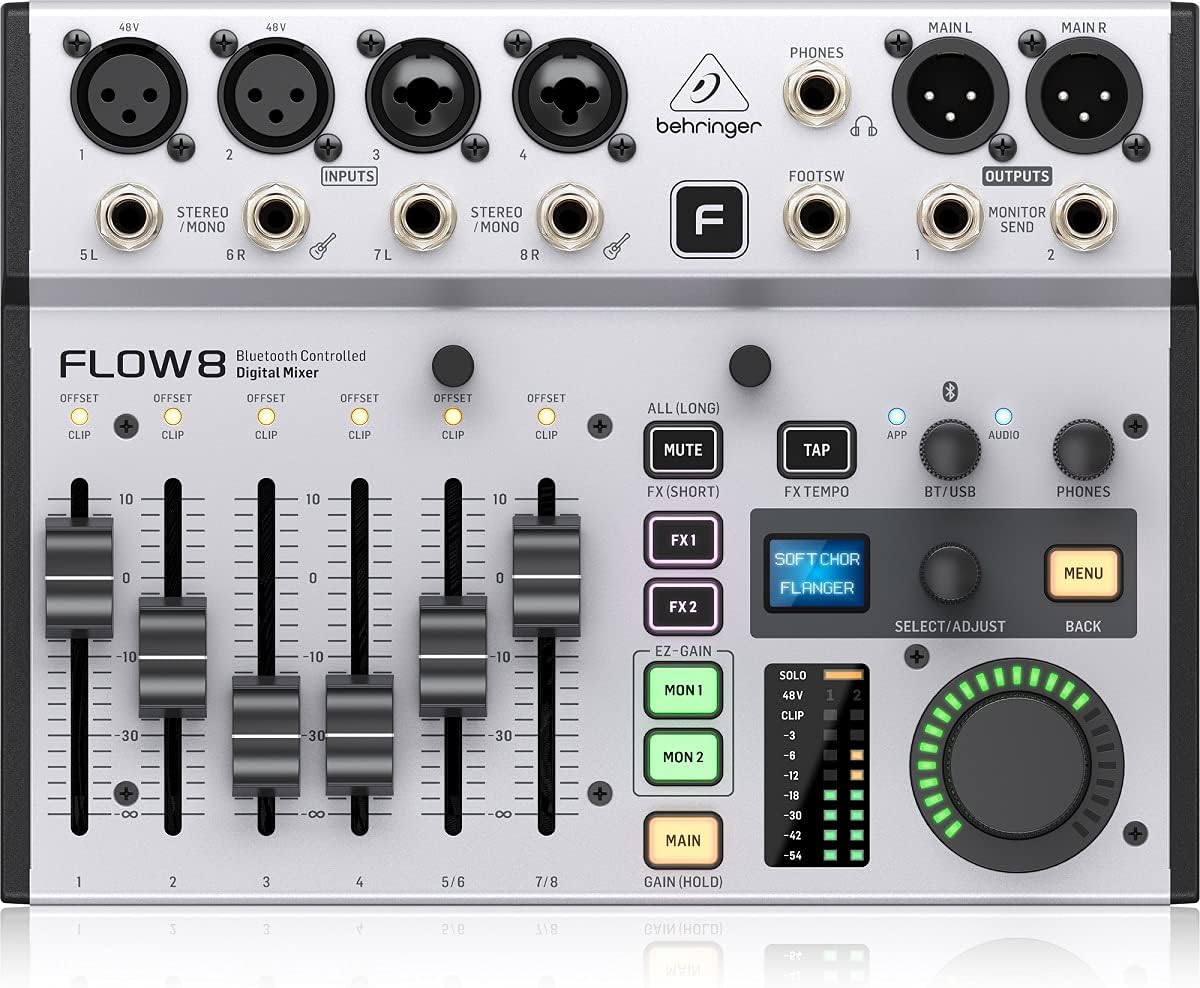 Behringer FLOW 8 Kenya straight-on front panel view showing faders, XLR inputs, BT/USB knobs and OLED display