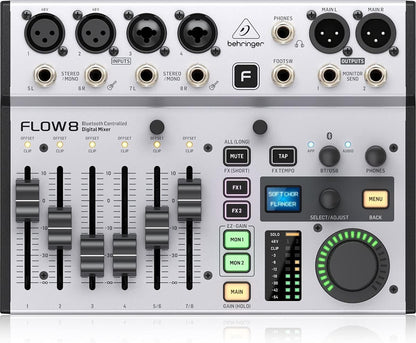 Behringer FLOW 8 Kenya straight-on front panel view showing faders, XLR inputs, BT/USB knobs and OLED display