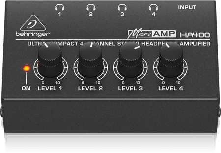 Behringer HA400 headphone amplifier Kenya connection diagram showing 4 headsets, Yamaha mixer input, and power adapter