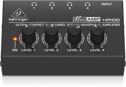 Behringer HA400 headphone amplifier Kenya connection diagram showing 4 headsets, Yamaha mixer input, and power adapter