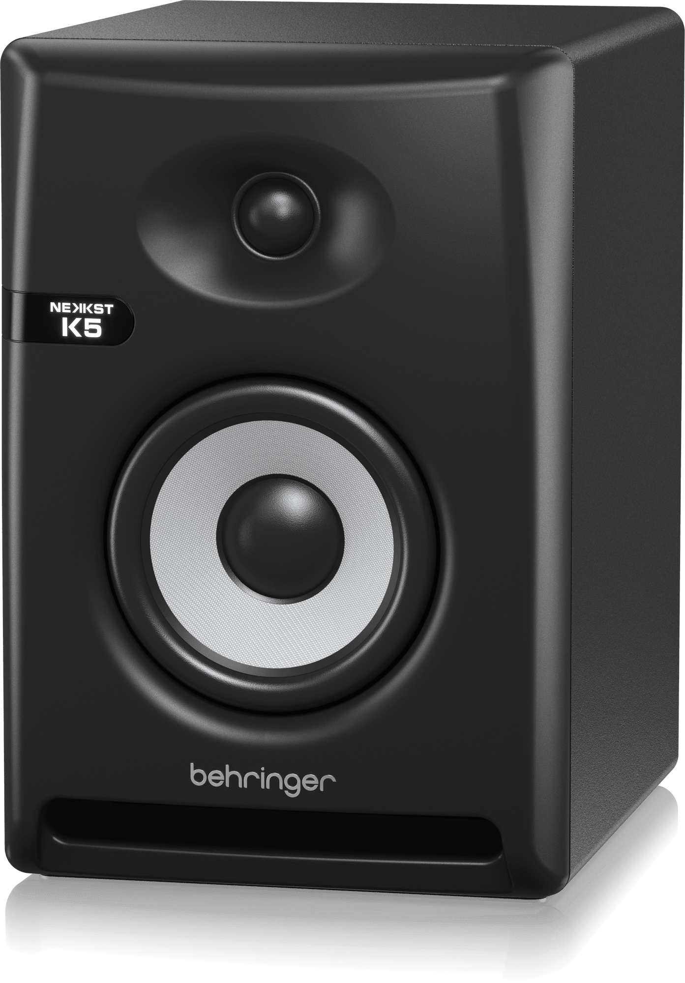 Behringer NEKKST K5 Kenya bi-amplified monitor 3/4 front-right angle showing woofer, tweeter and MDF cabinet finish
