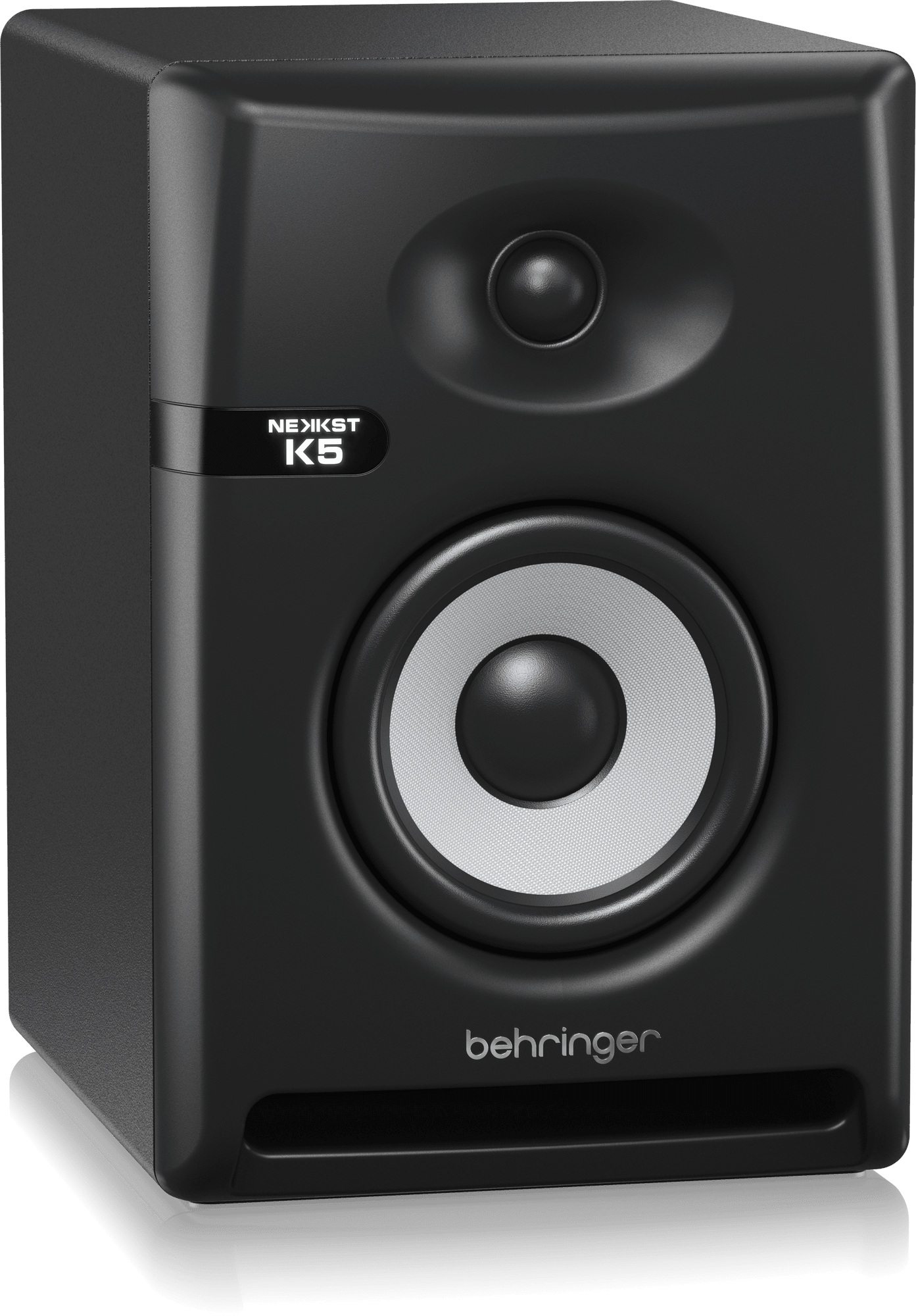 Behringer NEKKST K5 Kenya powered studio monitor 3/4 front-left angle showing cabinet depth and front bass port