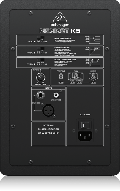 Behringer NEKKST K5 Kenya rear panel showing XLR TRS inputs, EQ switches, room compensation controls and AC power