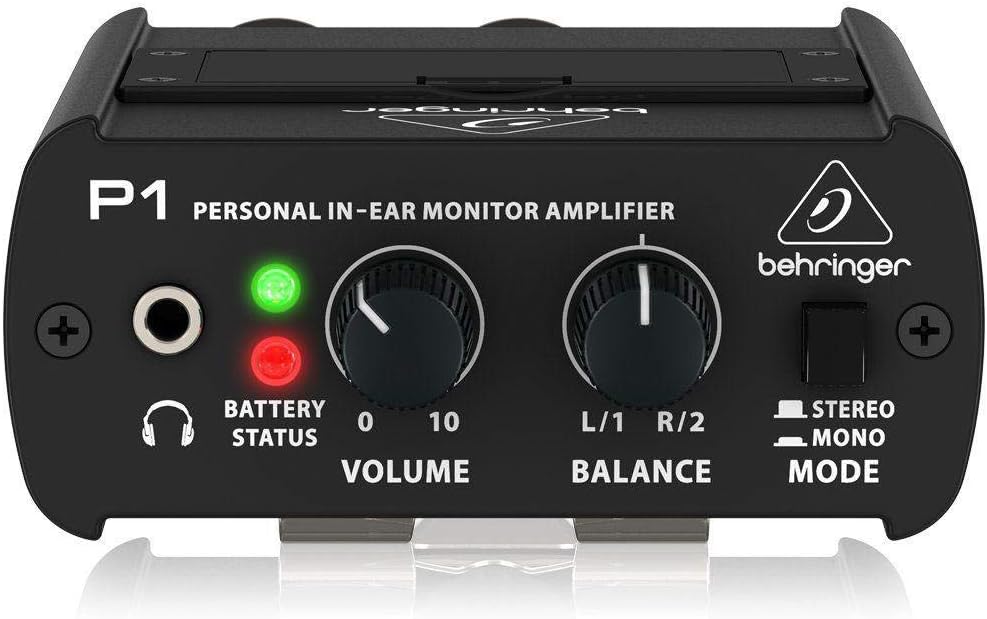 Behringer Powerplay P1 dual-channel IEM amplifier showing XLR inputs and volume knob