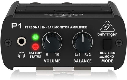 Behringer Powerplay P1 dual-channel IEM amplifier showing XLR inputs and volume knob
