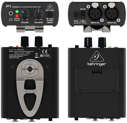 Behringer Powerplay P1 personal in-ear monitor amplifier front and back views on white background