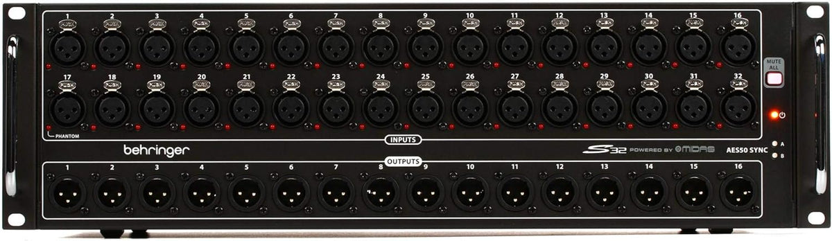 Behringer S32 stage box Kenya — front panel showing 32 XLR inputs and 16 XLR outputs, rackmount view