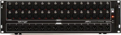 Behringer S32 stage box Kenya — front panel showing 32 XLR inputs and 16 XLR outputs, rackmount view