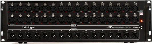 Behringer S32 stage box Kenya — front panel showing 32 XLR inputs and 16 XLR outputs, rackmount view