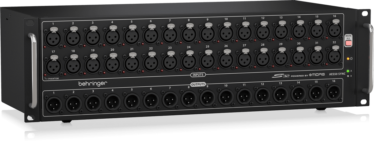 Behringer S32 stage box Kenya — left-angle view showing 32 XLR inputs, 16 outputs, and AES50 Sync label