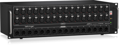 Behringer S32 stage box Kenya — left-angle view showing 32 XLR inputs, 16 outputs, and AES50 Sync label