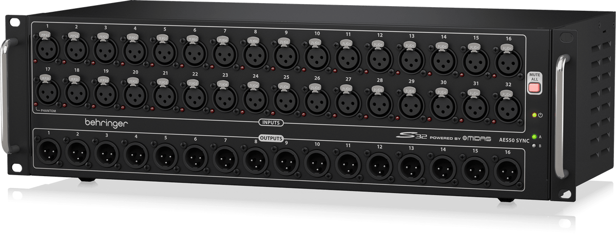 Behringer S32 stage box Kenya — right-angle view showing input and output XLR rows and AES50 Sync indicator