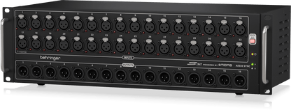 Behringer S32 stage box Kenya — right-angle view showing input and output XLR rows and AES50 Sync indicator