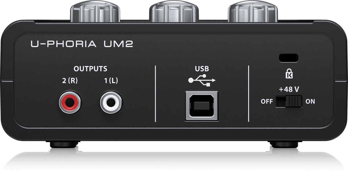 Behringer UM2 Kenya — rear panel showing dual RCA outputs, USB 2.0 port, and +48V phantom power ON/OFF toggle