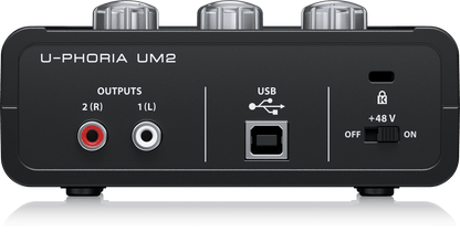 Behringer UM2 Kenya — rear panel showing dual RCA outputs, USB 2.0 port, and +48V phantom power ON/OFF toggle