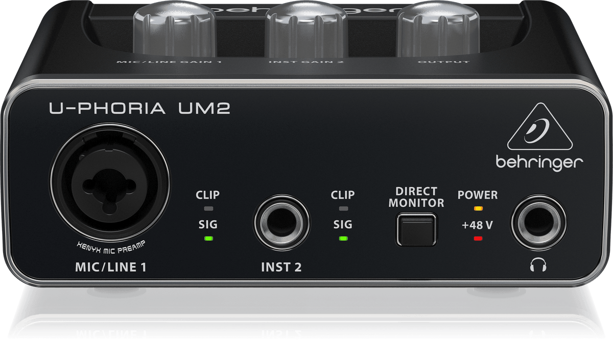 Behringer UM2 Kenya — straight-on front panel view showing MIC/LINE 1, INST 2 inputs, clip LEDs, and headphone output