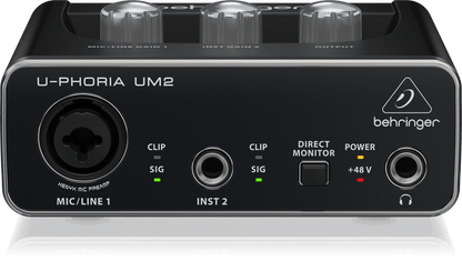 Behringer UM2 Kenya — straight-on front panel view showing MIC/LINE 1, INST 2 inputs, clip LEDs, and headphone output