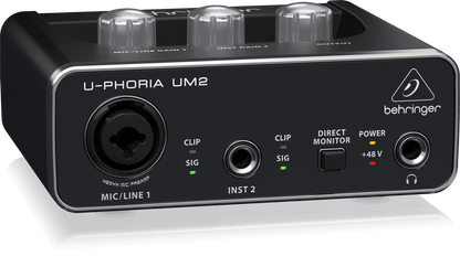 Behringer UM2 Kenya — left-angle view showing XLR/Line 1, Inst 2 inputs, Direct Monitor, +48V, and headphone jack