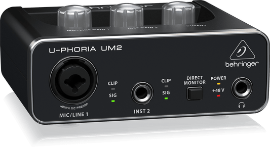 Behringer UM2 Kenya — left-angle view showing XLR/Line 1, Inst 2 inputs, Direct Monitor, +48V, and headphone jack