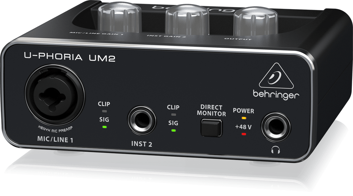 Behringer UM2 Kenya — right-angle front view showing MIC/LINE 1, INST 2, Direct Monitor switch, and +48V power indicator