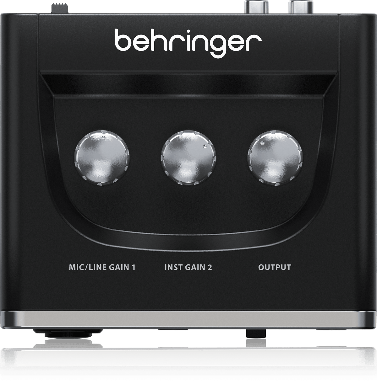 Behringer UM2 Kenya — top-down view showing three control knobs: MIC/LINE Gain 1, Inst Gain 2, and Output
