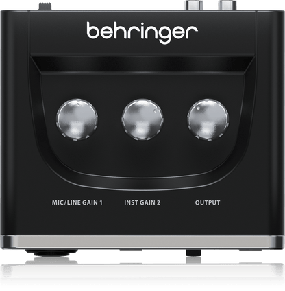 Behringer UM2 Kenya — top-down view showing three control knobs: MIC/LINE Gain 1, Inst Gain 2, and Output