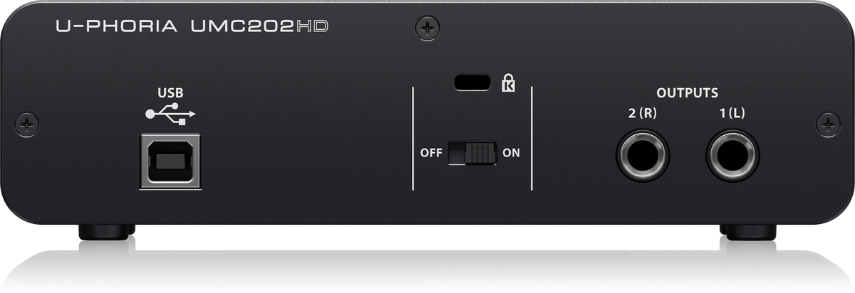 Rear panel of Behringer UMC202HD Kenya showing USB Type-B port, power toggle switch and two balanced TRS monitor outputs