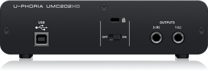 Rear panel of Behringer UMC202HD Kenya showing USB Type-B port, power toggle switch and two balanced TRS monitor outputs