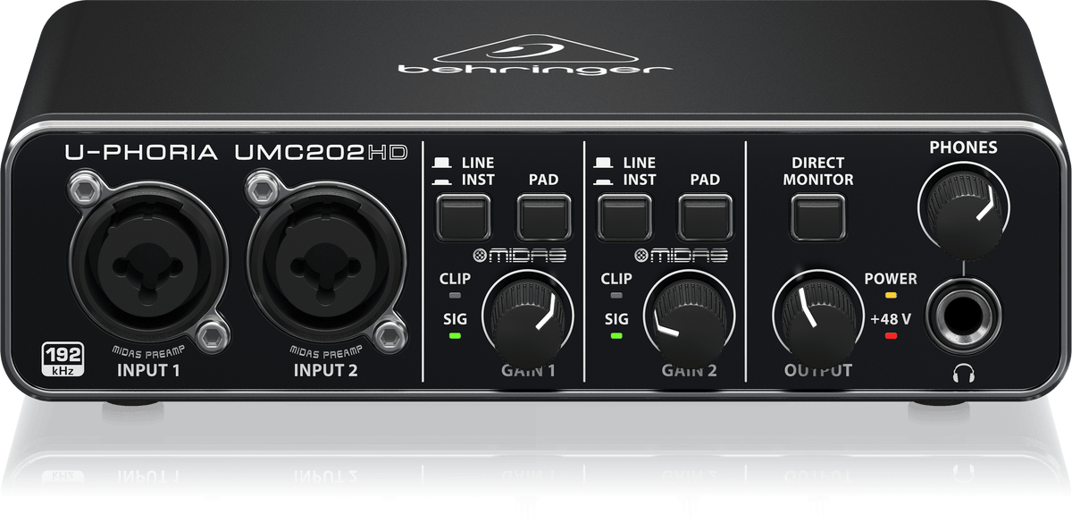 Front panel flat view of Behringer UMC202HD Kenya showing dual XLR/TRS inputs, PAD switches, gain controls and headphone output