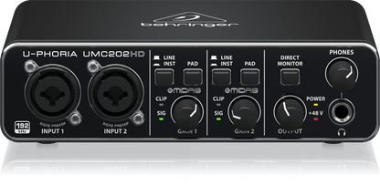 Front panel flat view of Behringer UMC202HD Kenya showing dual XLR/TRS inputs, PAD switches, gain controls and headphone output