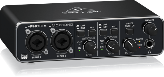 Left-angle view of Behringer UMC202HD Kenya showing dual XLR inputs, Midas preamp labels, gain knobs and +48V power
