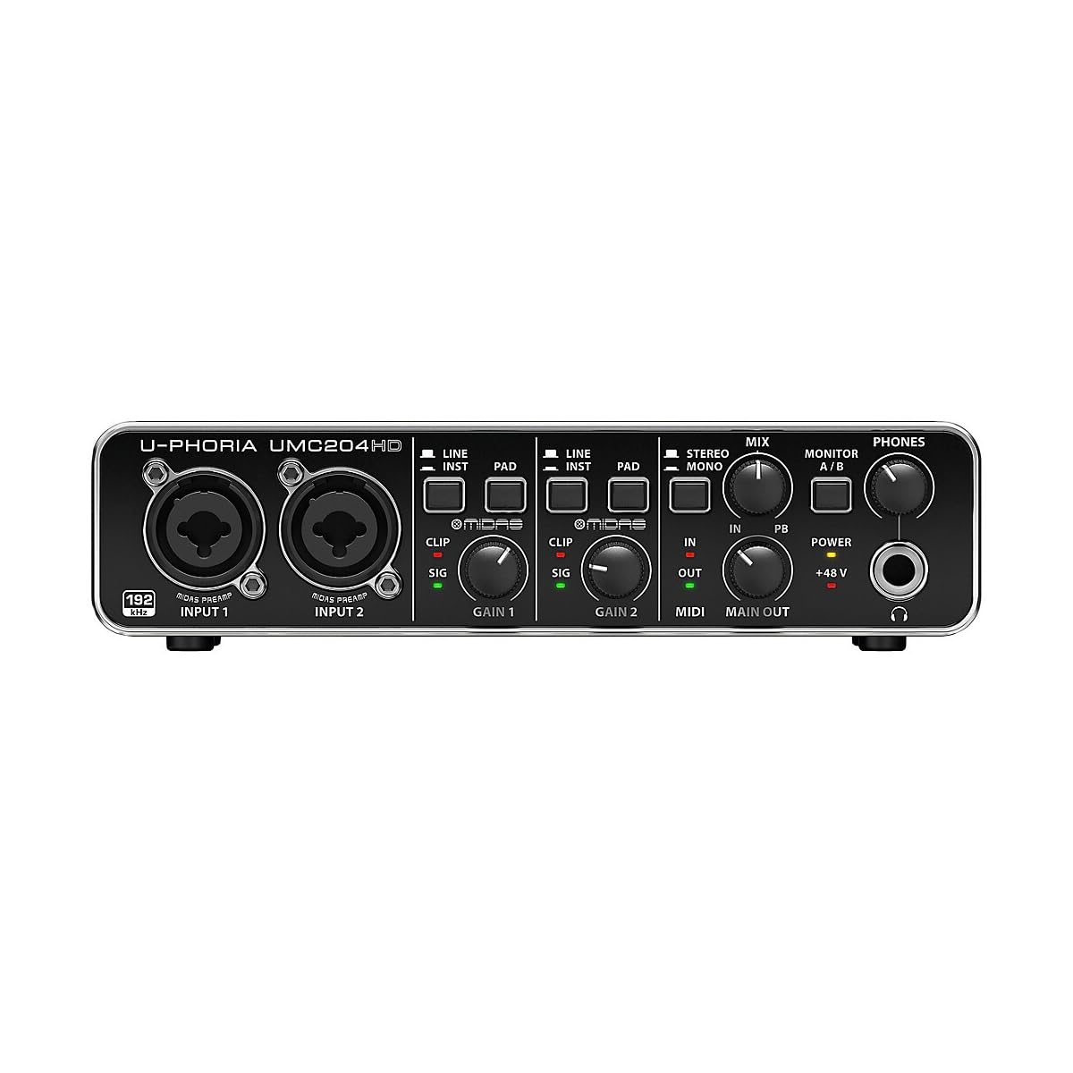 Behringer UMC204HD Kenya — straight-on front panel view showing dual MIDAS XLR inputs, gain controls, MIDI and headphone output