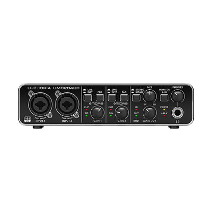 Behringer UMC204HD Kenya — straight-on front panel view showing dual MIDAS XLR inputs, gain controls, MIDI and headphone output