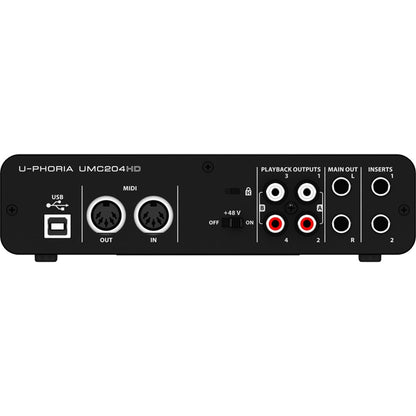 Behringer UMC204HD Kenya — rear panel showing USB-B port, MIDI In/Out, phantom power switch, RCA playback outputs and main out
