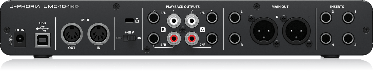 Behringer UMC404HD Kenya — rear panel showing USB port, MIDI I/O, RCA outputs, XLR main out, and inserts