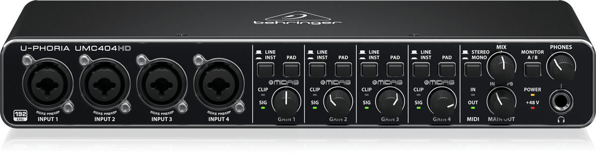 Behringer UMC404HD Kenya — top-front view showing all 4 channel controls, PAD switches, and MIDI section`