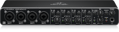 Behringer UMC404HD Kenya — top-front view showing all 4 channel controls, PAD switches, and MIDI section`