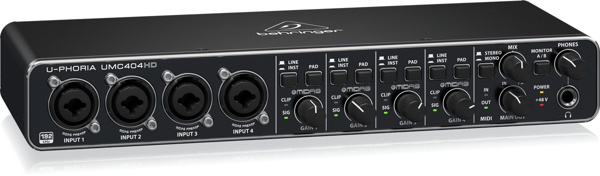 Behringer UMC404HD Kenya — left-angle view showing 4 XLR/TRS combo inputs and gain knobs on front panel