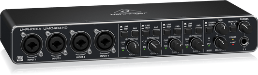 Behringer UMC404HD Kenya — left-angle view showing 4 XLR/TRS combo inputs and gain knobs on front panel