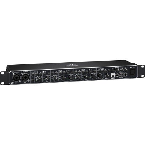 Behringer UMC1820 Kenya — left 3/4 angle showing front panel depth, XLR inputs and rack ears
