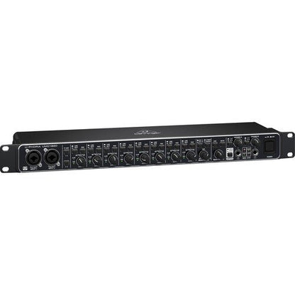 Behringer UMC1820 Kenya — left 3/4 angle showing front panel depth, XLR inputs and rack ears