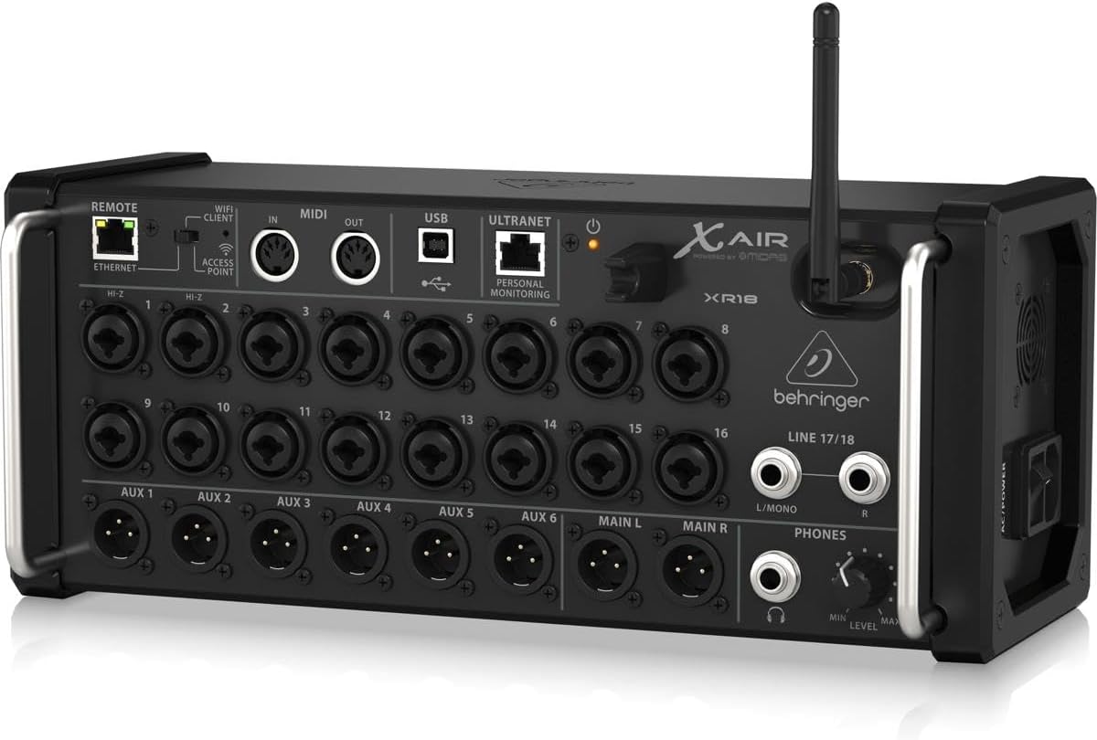 Behringer XR18 Kenya left-angle view showing full I/O panel, AC power inlet, and Wi-Fi antenna