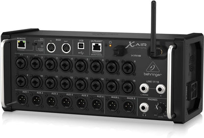 Behringer XR18 Kenya left-angle view showing full I/O panel, AC power inlet, and Wi-Fi antenna