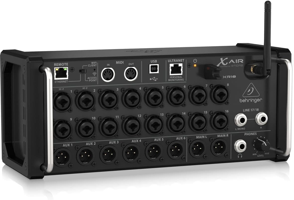 Behringer XR18 Kenya angled right view with silver rack handles, XLR inputs, AUX outputs and Behringer logo