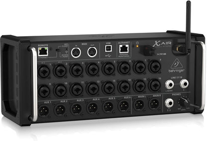 Behringer XR18 Kenya angled right view with silver rack handles, XLR inputs, AUX outputs and Behringer logo