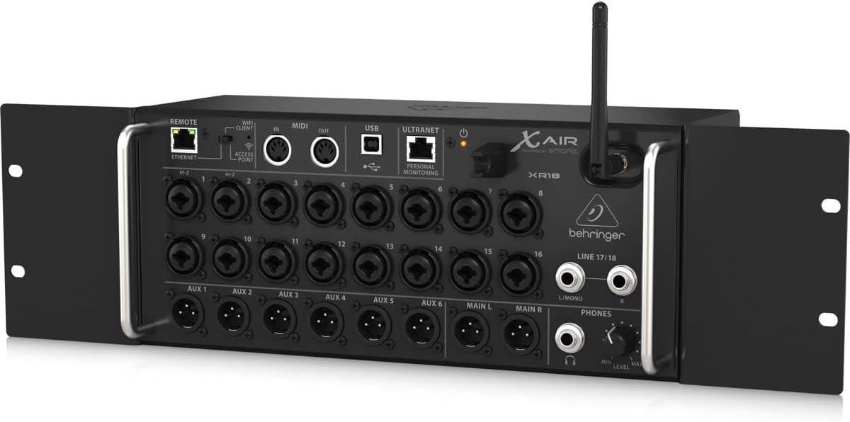 Behringer XR18 Kenya mounted in rack ears, angled view showing full I/O panel and X AIR branding
