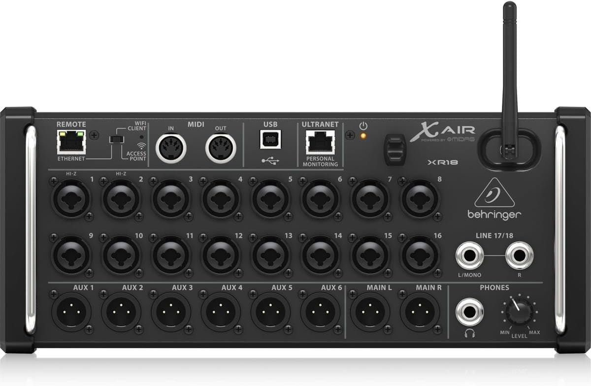 Behringer XR18 Kenya front panel showing 16 XLR combo inputs, 6 AUX outs, MIDI, USB, Ultranet and Wi-Fi antenna