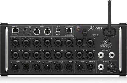 Behringer XR18 Kenya front panel showing 16 XLR combo inputs, 6 AUX outs, MIDI, USB, Ultranet and Wi-Fi antenna